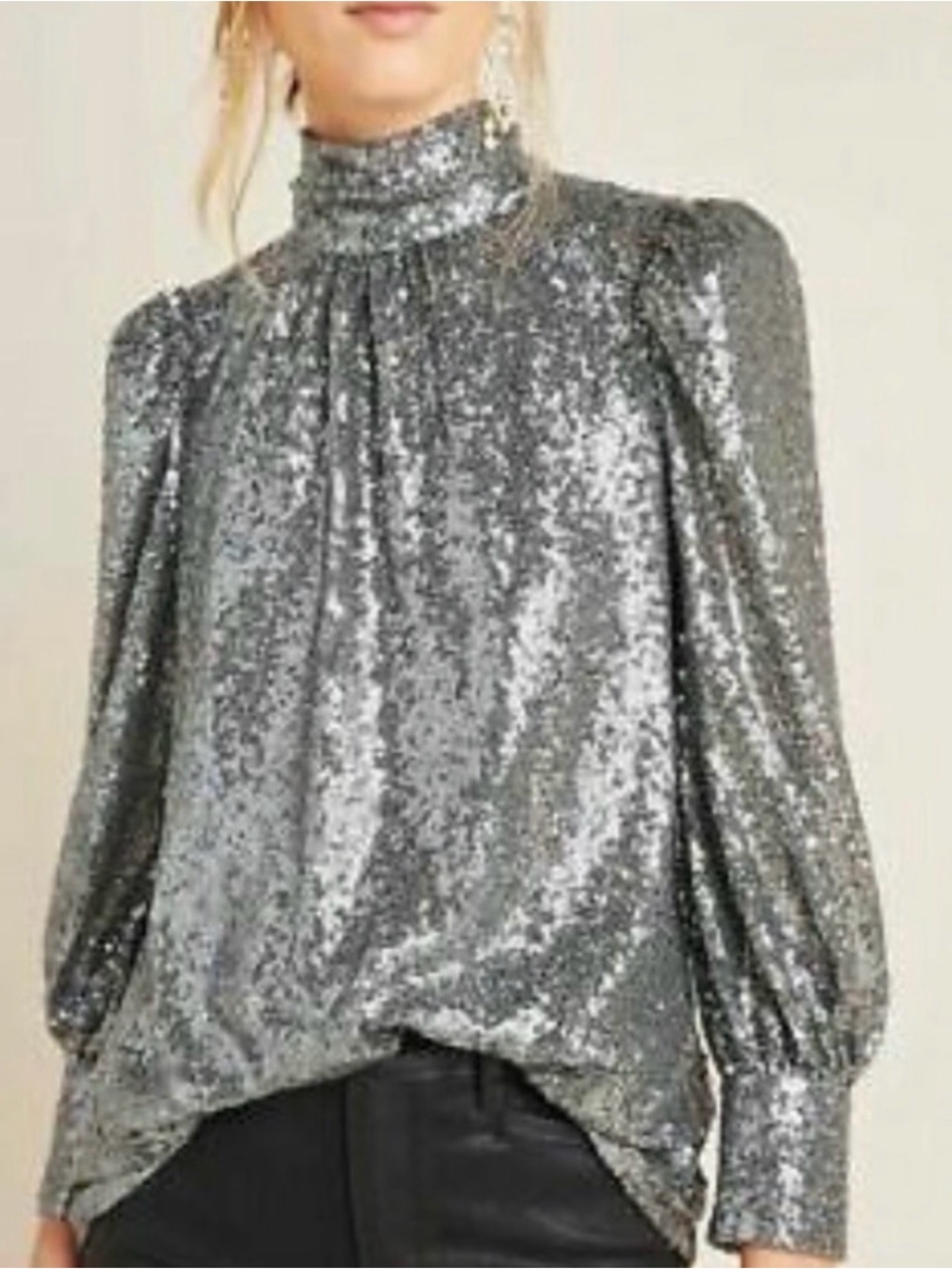 Anthropologie Silver Sequin High-Neck Long-Sleeve Women's Top